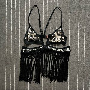 EastnWest Black and Silver Fringe Bra top